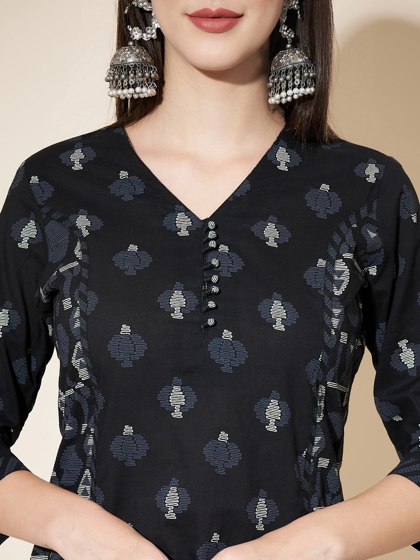 Black Printed Straight Cotton Kurta Set