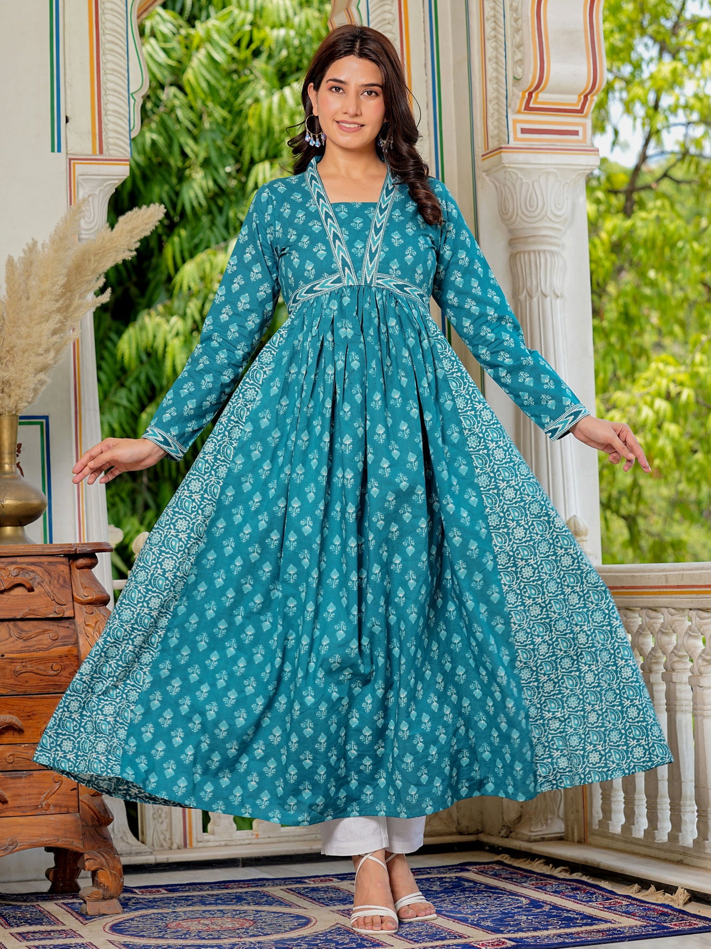 Aqua Blue Printed Cotton Gown