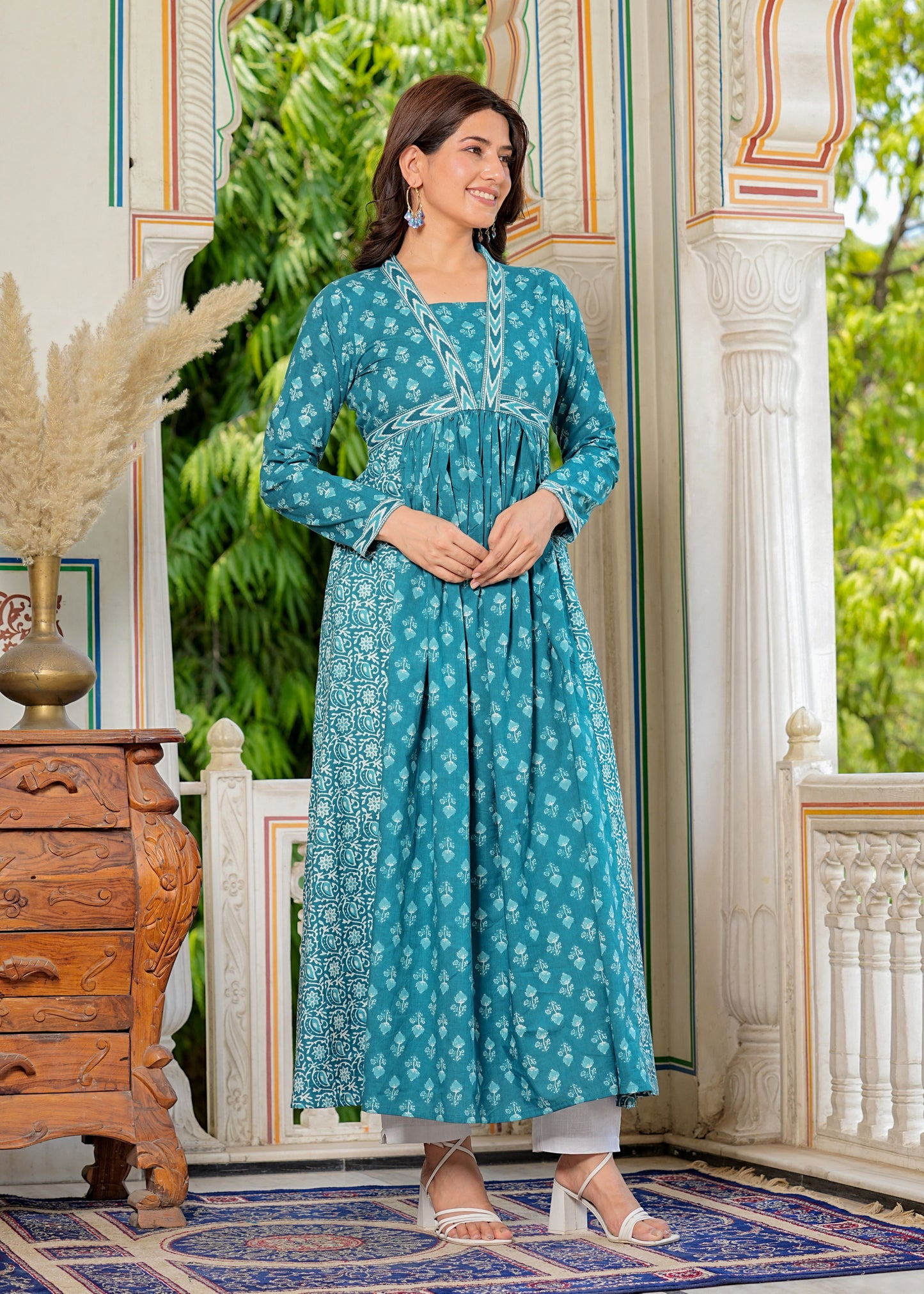 Aqua Blue Printed Cotton Gown