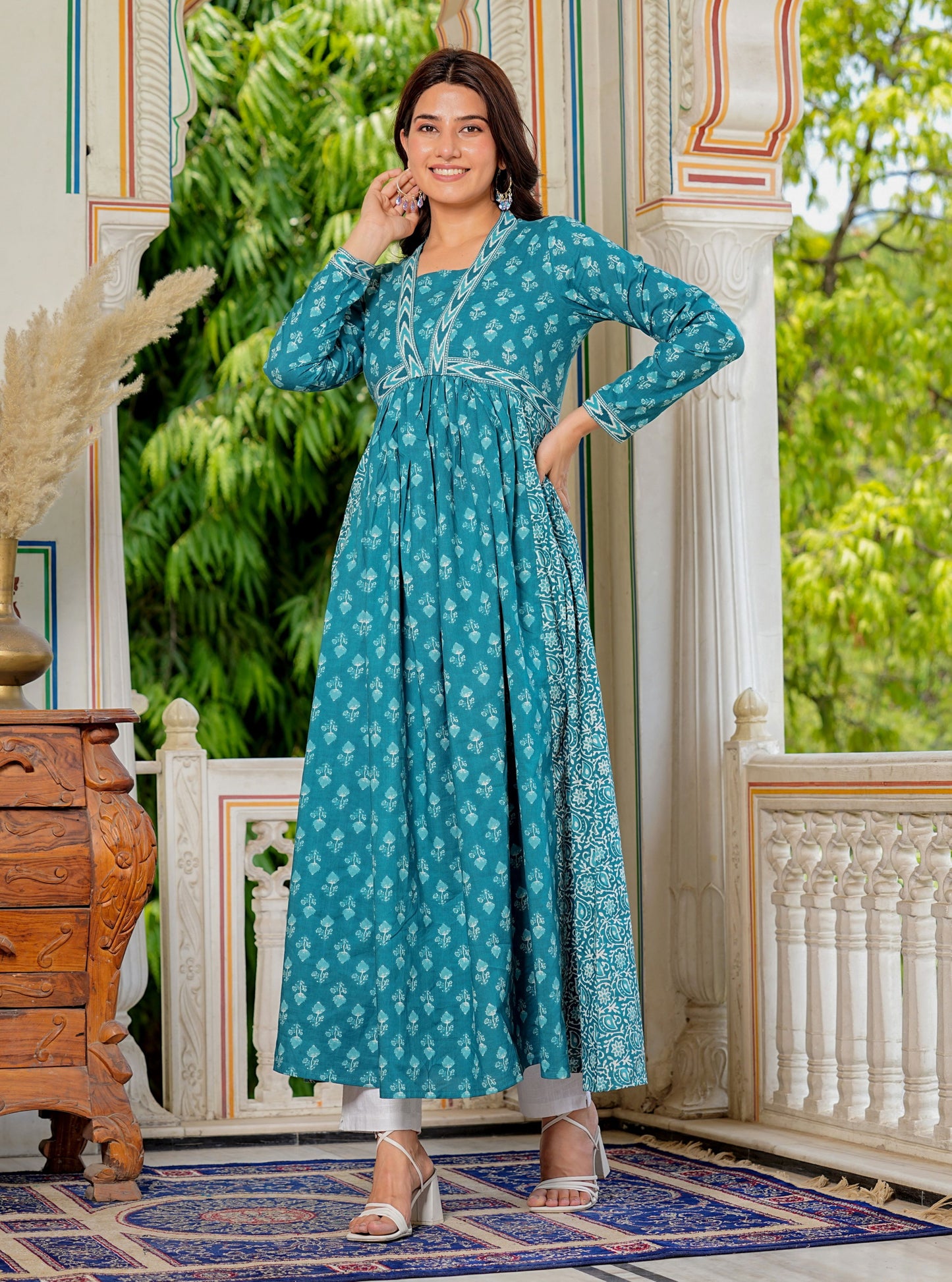Aqua Blue Printed Cotton Gown