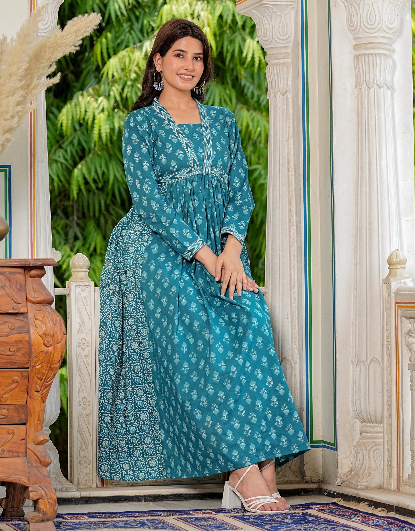Aqua Blue Printed Cotton Gown
