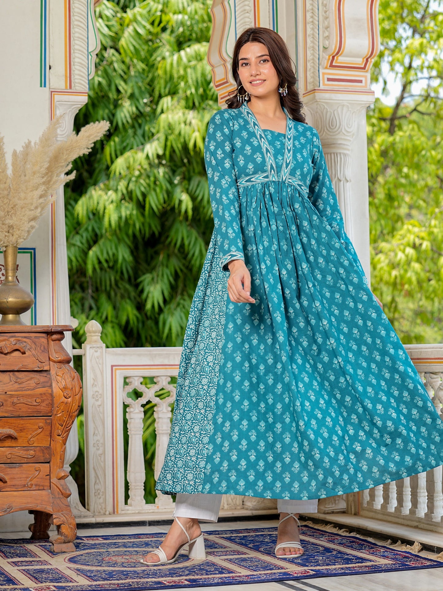 Aqua Blue Printed Cotton Gown