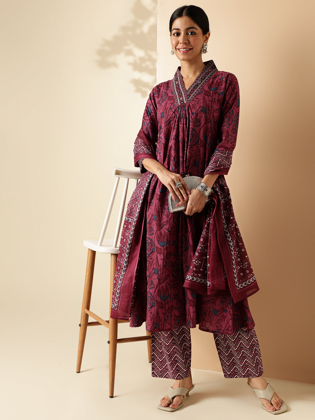 Light Purple Floral Printed A-Line Cotton Kurta Set