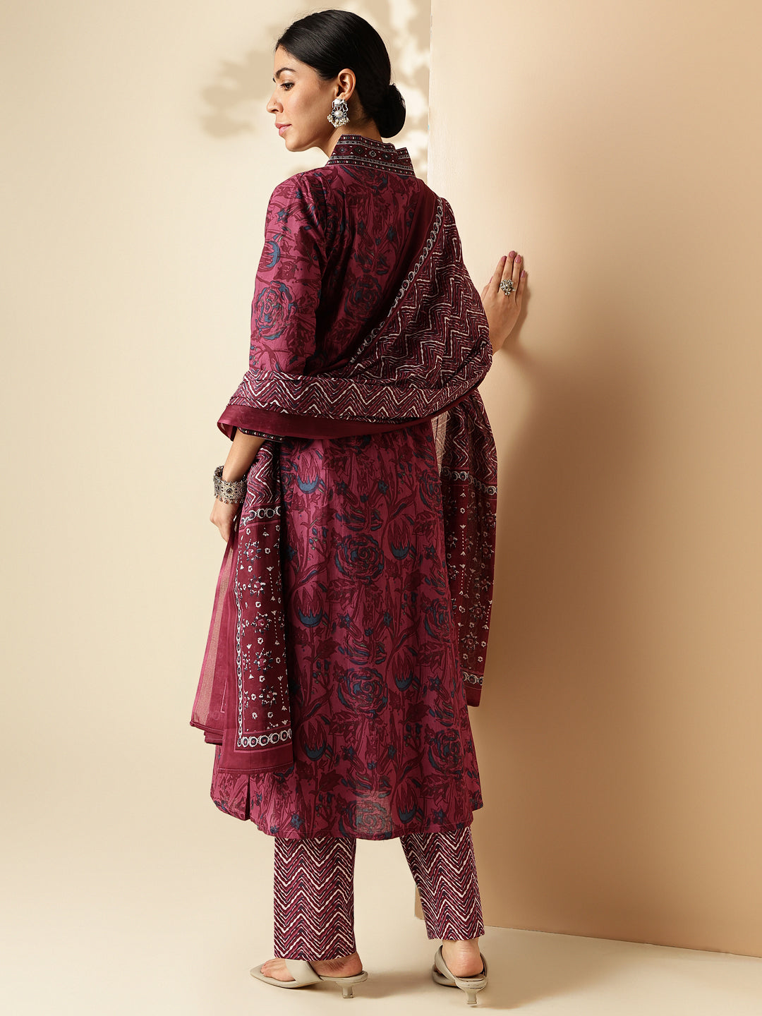 Light Purple Floral Printed A-Line Cotton Kurta Set