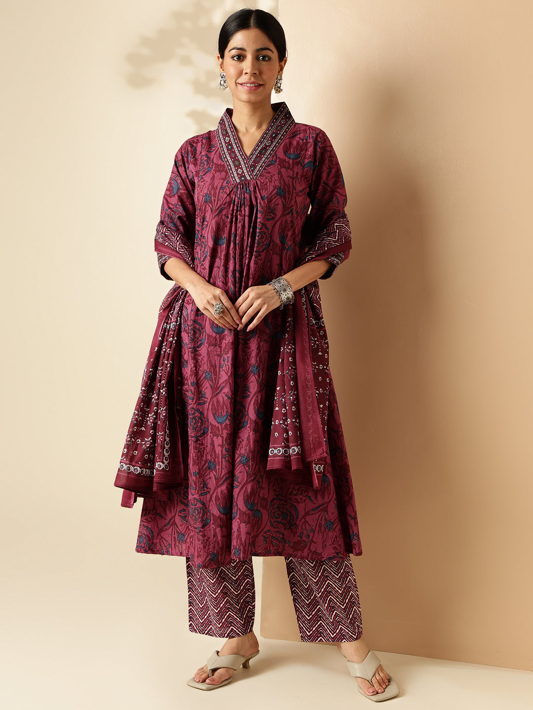 Light Purple Floral Printed A-Line Cotton Kurta Set