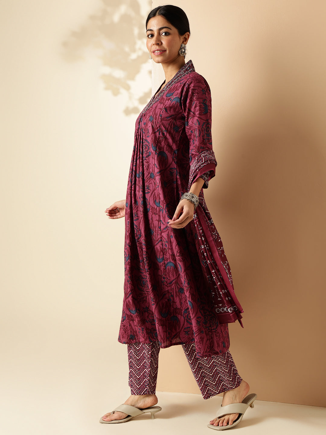 Light Purple Floral Printed A-Line Cotton Kurta Set