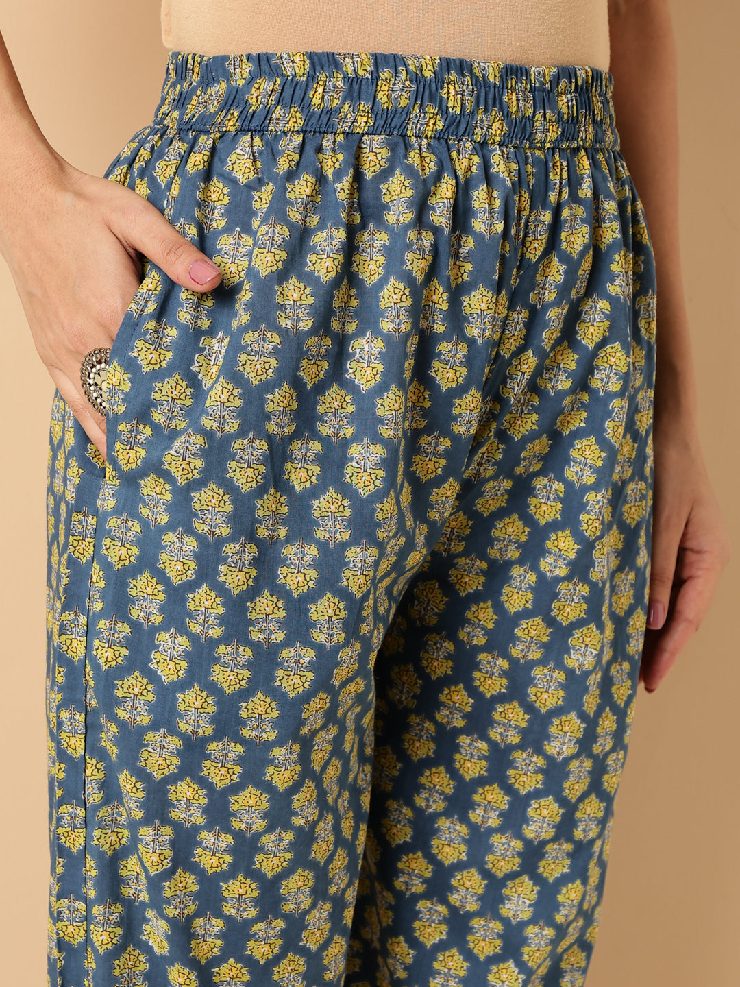 Blue Floral Print Straight Cotton Kurta Set