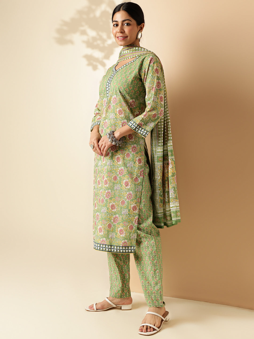 Light Green Floral Print Straight Cotton Kurta Set