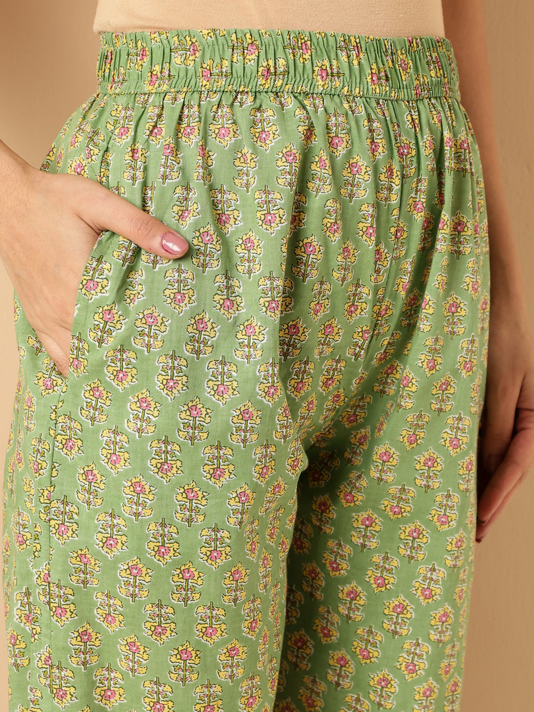 Light Green Floral Print Straight Cotton Kurta Set