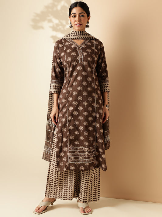 Brown Floral Print Straight Cotton Kurta Set