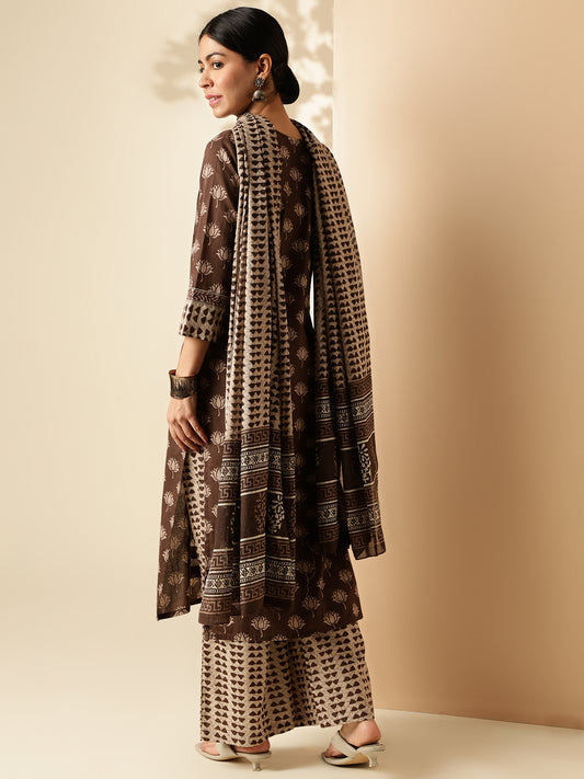 Brown Floral Print Straight Cotton Kurta Set