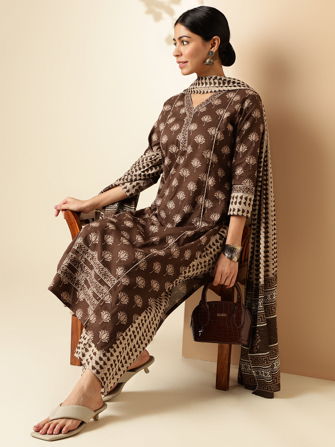 Brown Floral Print Straight Cotton Kurta Set