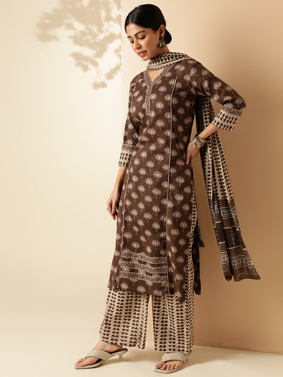 Brown Floral Print Straight Cotton Kurta Set