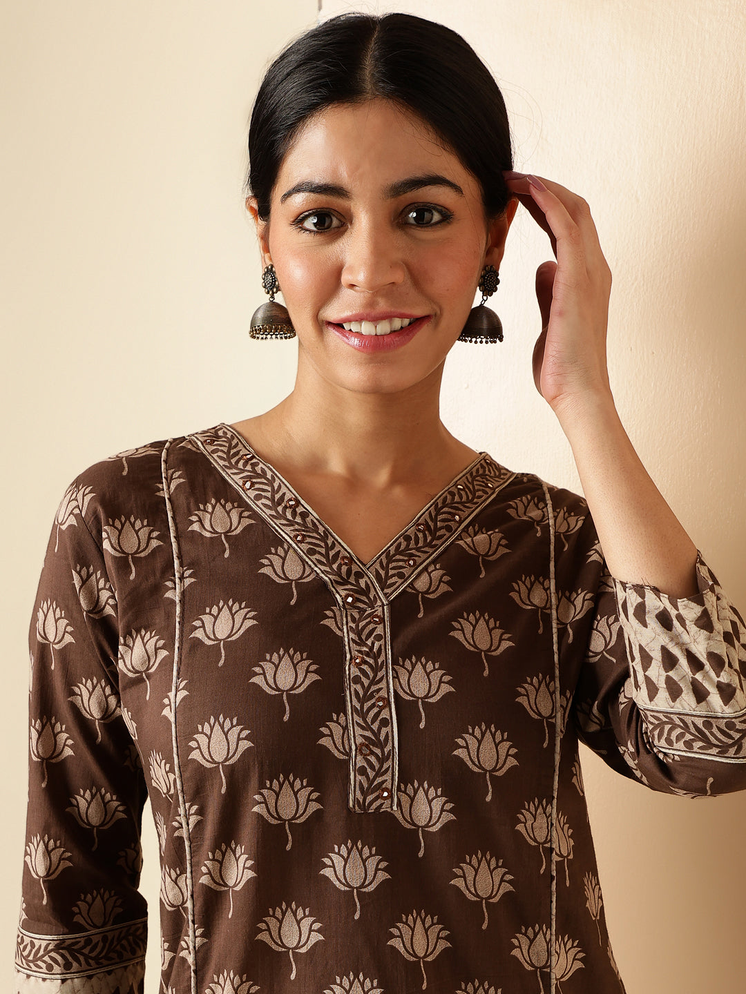 Brown Floral Print Straight Cotton Kurta Set
