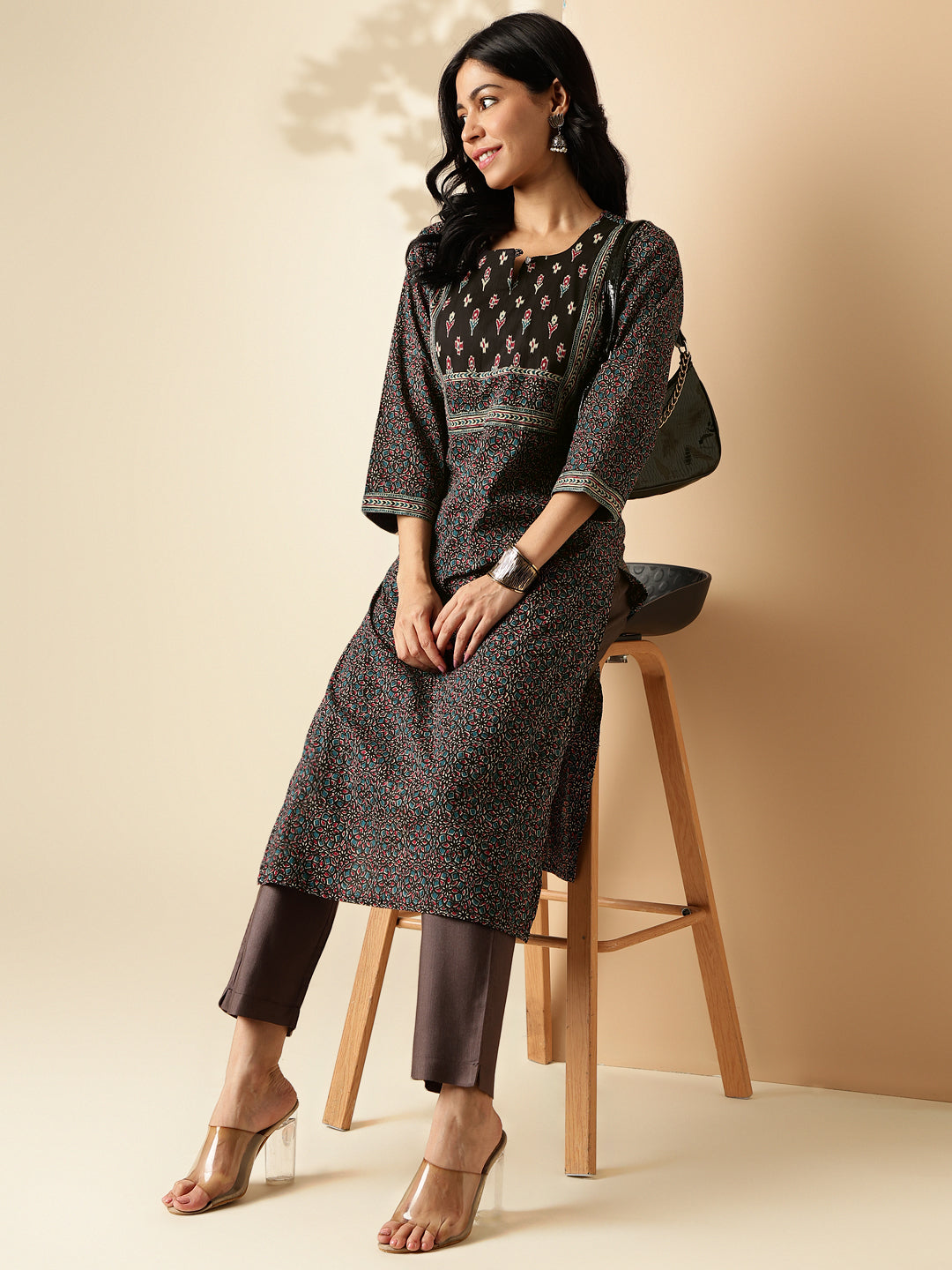 Black Kalamkari Print Straight Cotton Kurta