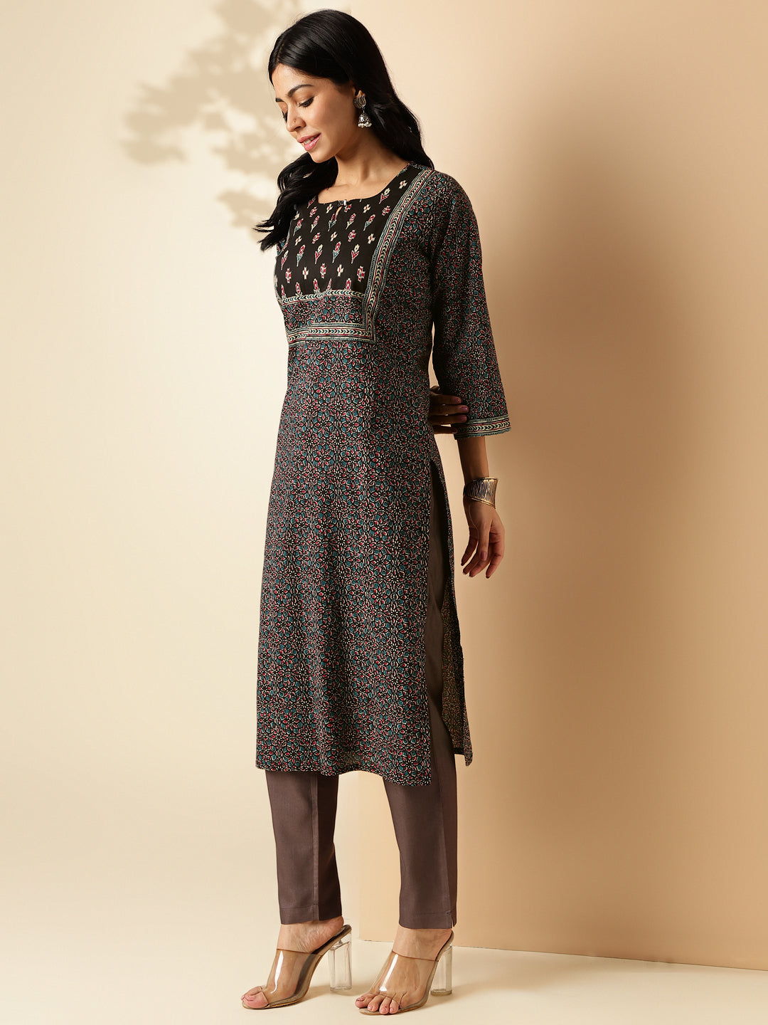 Black Kalamkari Print Straight Cotton Kurta
