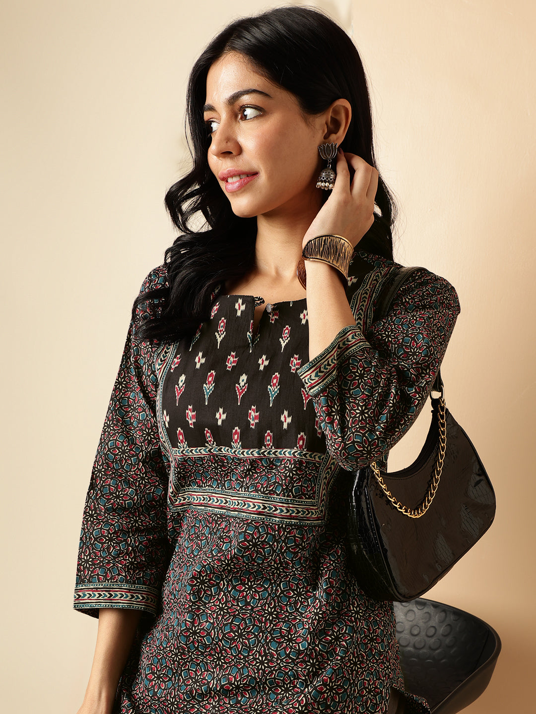 Black Kalamkari Print Straight Cotton Kurta