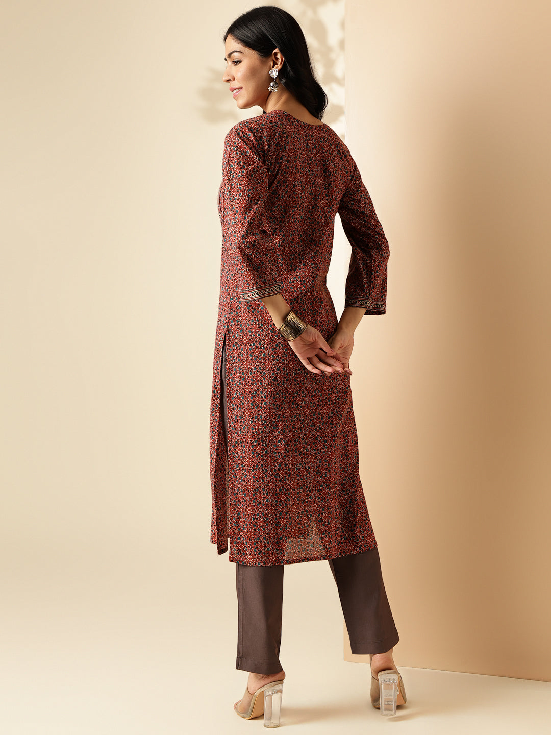 Maroon Kalamkari Print Straight Cotton Kurta