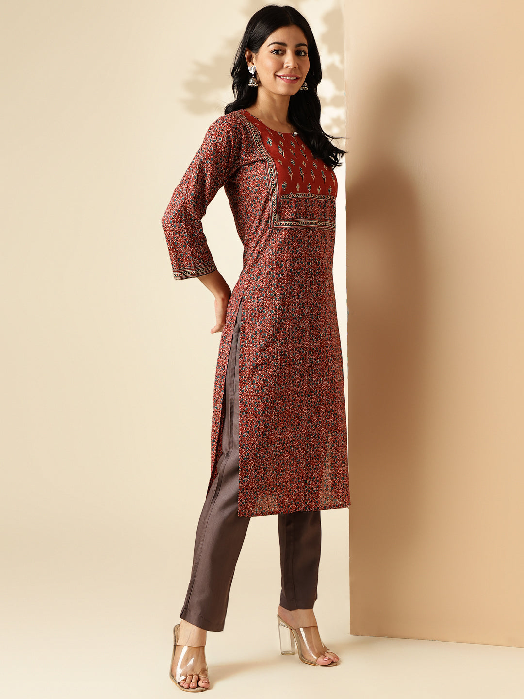 Maroon Kalamkari Print Straight Cotton Kurta