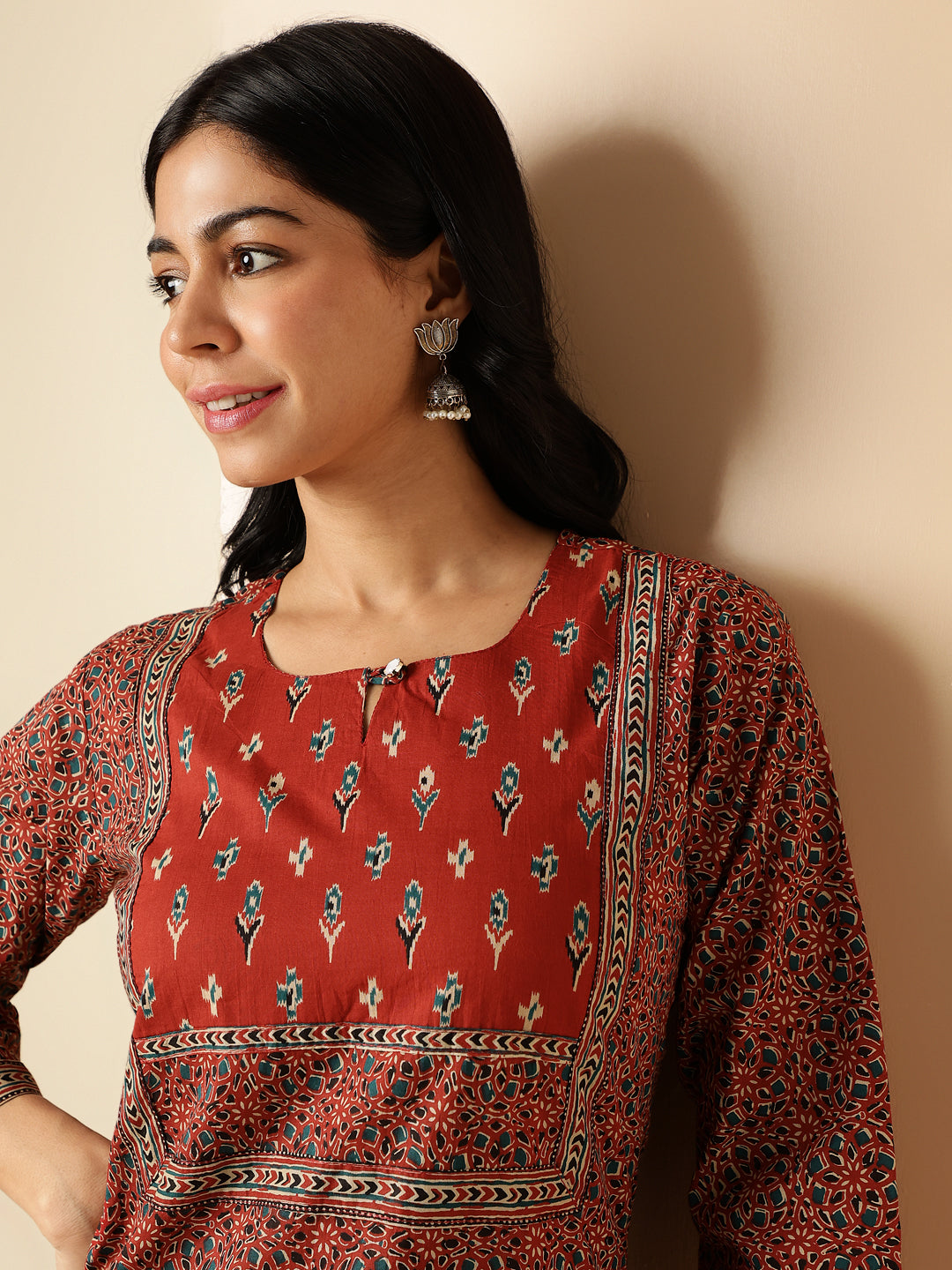 Maroon Kalamkari Print Straight Cotton Kurta