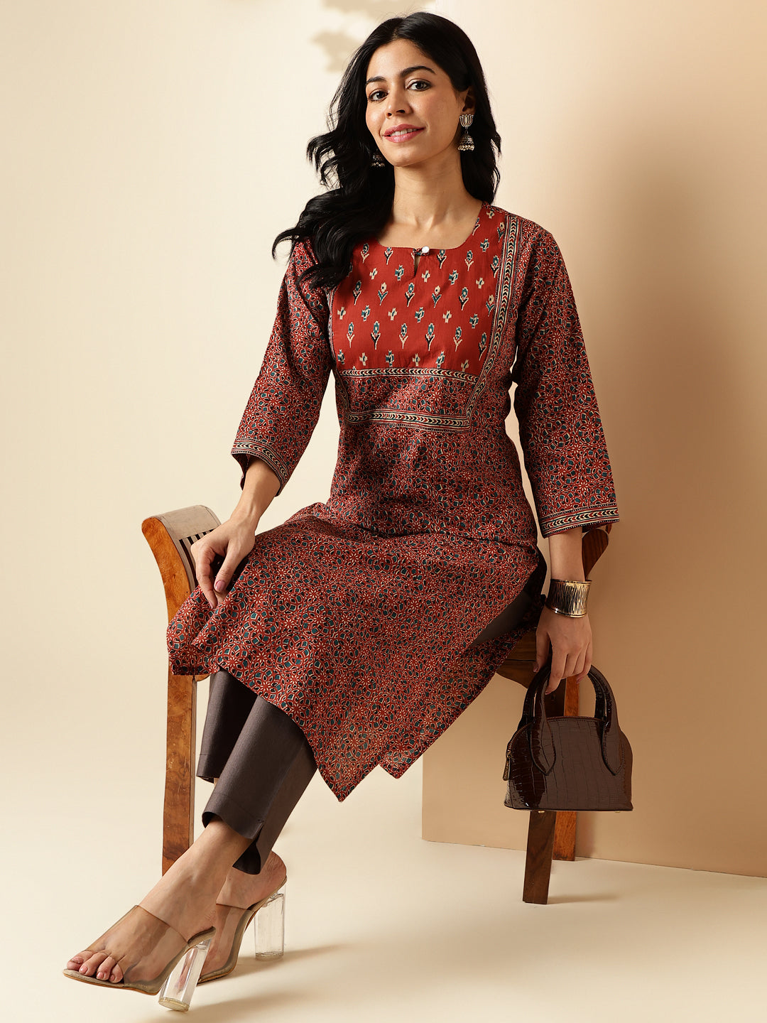 Maroon Kalamkari Print Straight Cotton Kurta