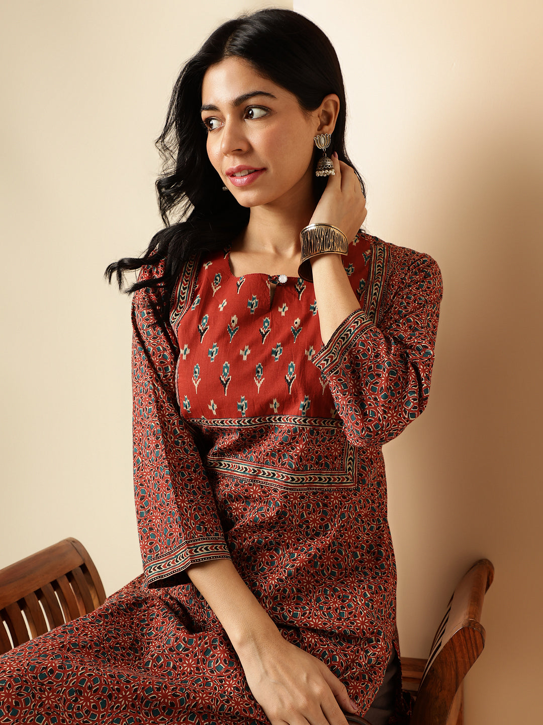 Maroon Kalamkari Print Straight Cotton Kurta