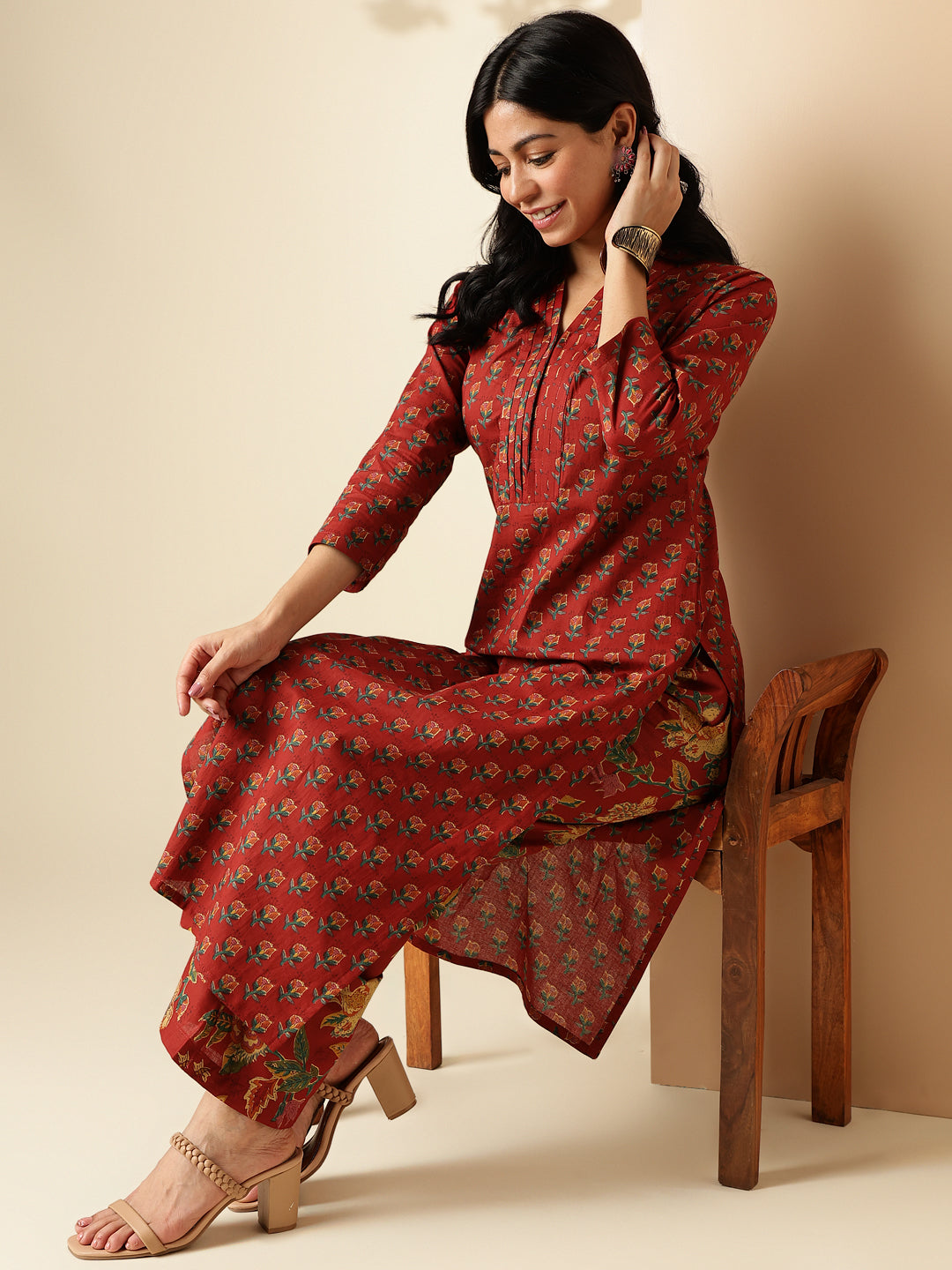 Maroon Floral Printed Straight Cotton Kurta With Palazzo