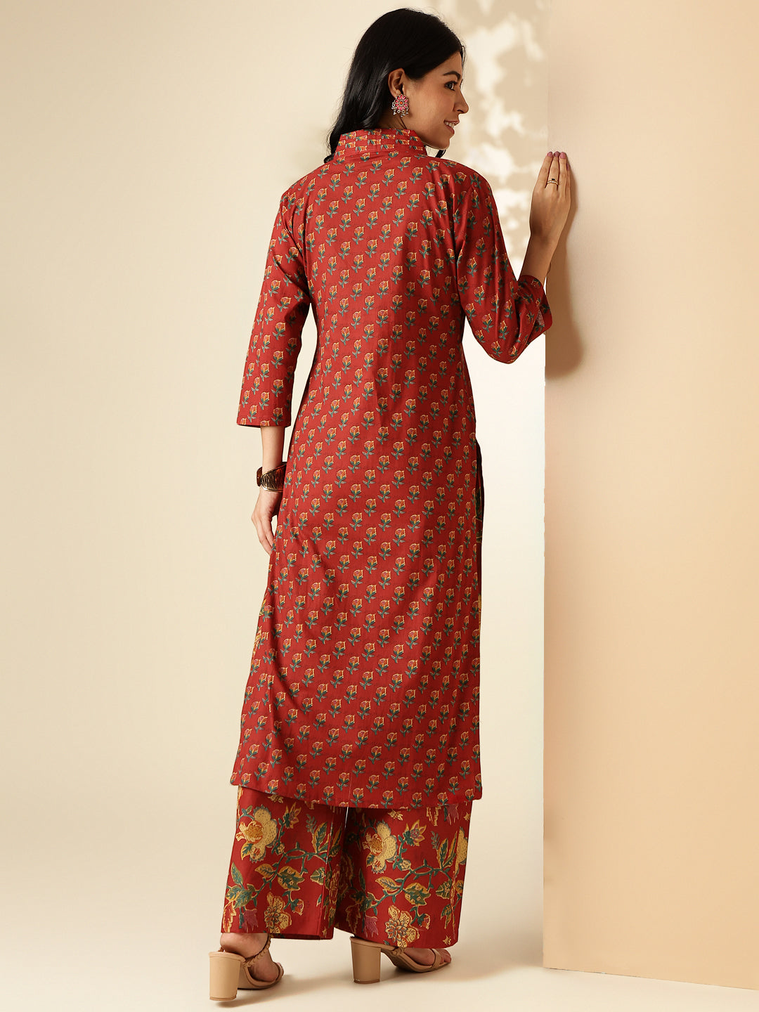 Maroon Floral Printed Straight Cotton Kurta With Palazzo