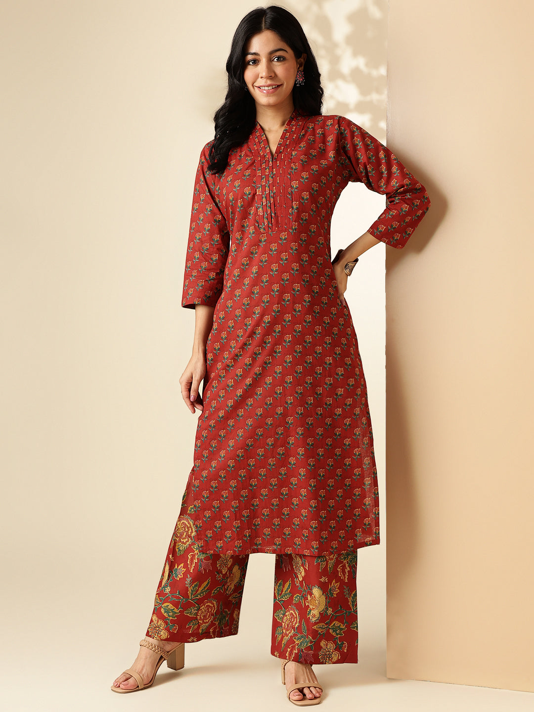 Maroon Floral Printed Straight Cotton Kurta With Palazzo