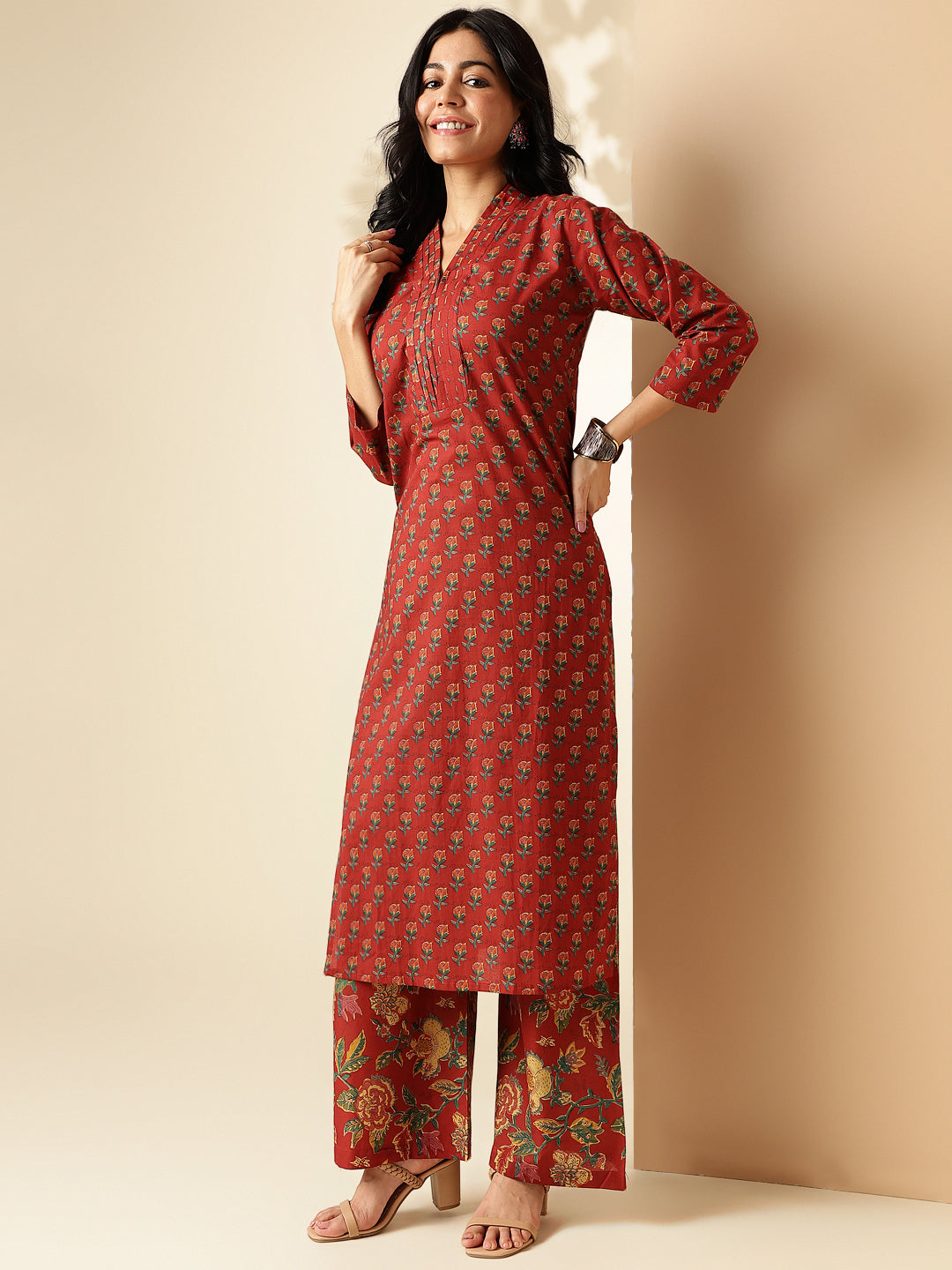 Maroon Floral Printed Straight Cotton Kurta With Palazzo