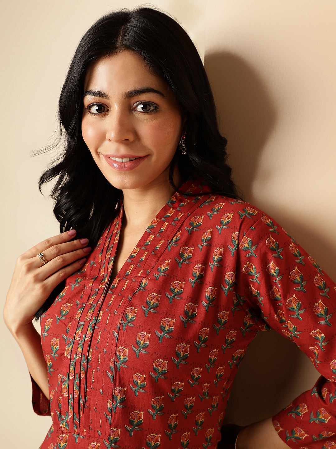 Maroon Floral Printed Straight Cotton Kurta With Palazzo