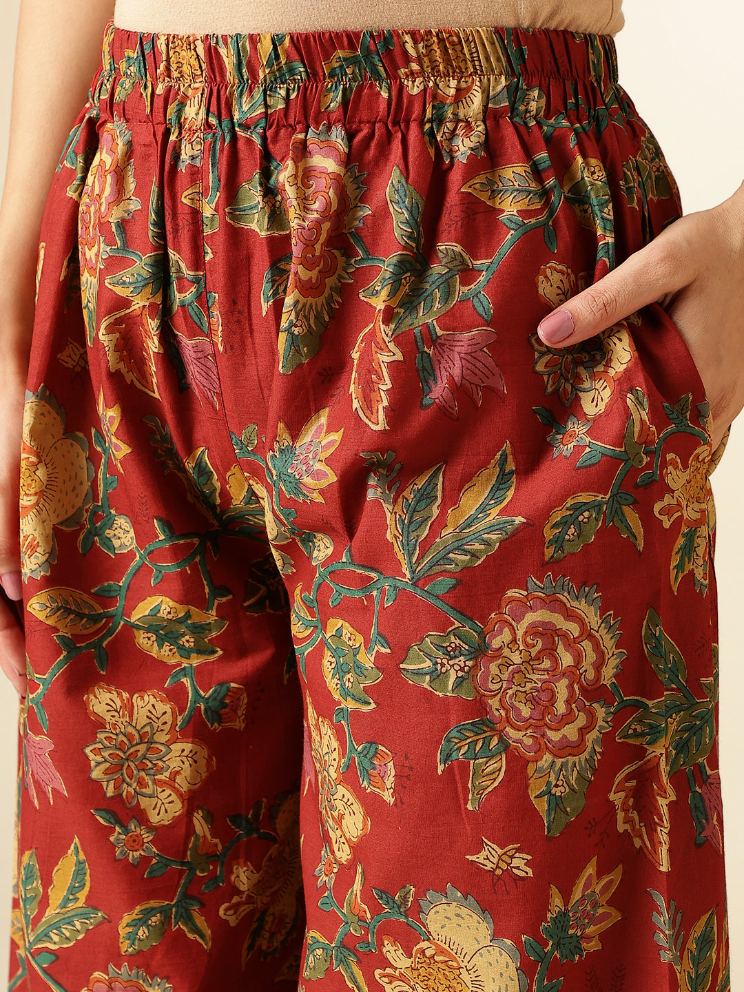 Maroon Floral Printed Straight Cotton Kurta With Palazzo