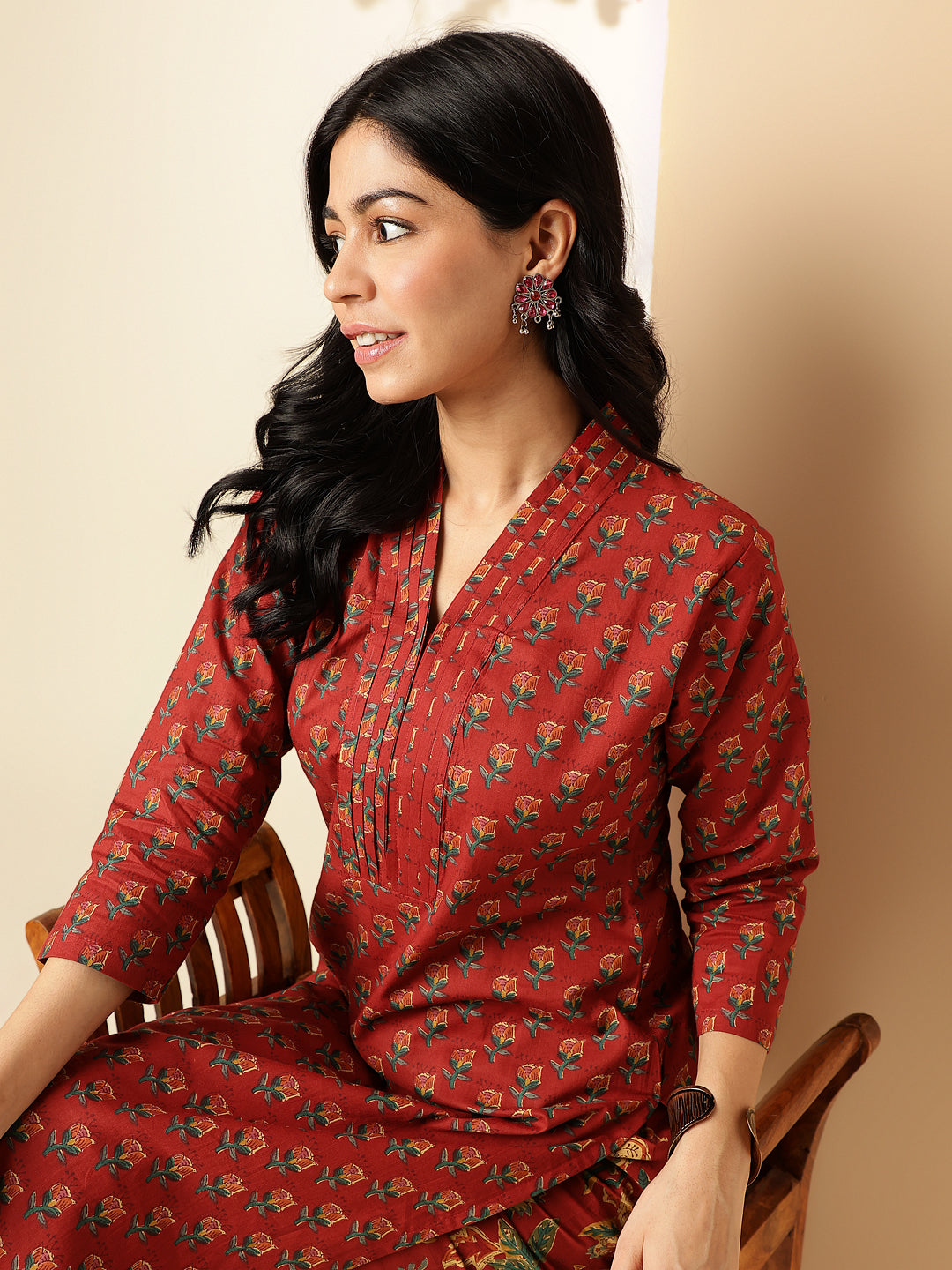 Maroon Floral Printed Straight Cotton Kurta With Palazzo