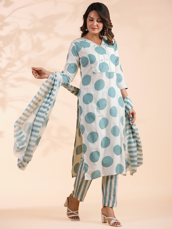 White And Aqua Polka Print & Mirror Work Straight Cotton Stitched Kurta Set