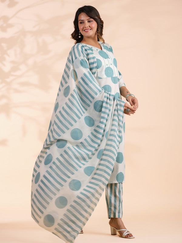 White And Aqua Polka Print & Mirror Work Straight Cotton Stitched Kurta Set