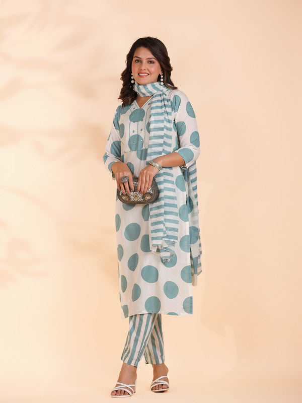 White And Aqua Polka Print & Mirror Work Straight Cotton Stitched Kurta Set