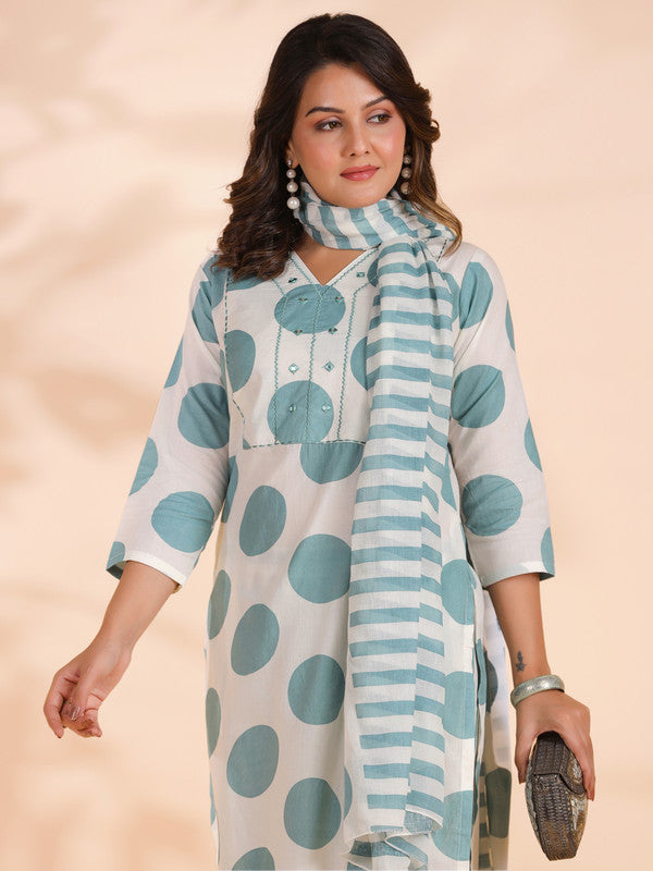 White And Aqua Polka Print & Mirror Work Straight Cotton Stitched Kurta Set