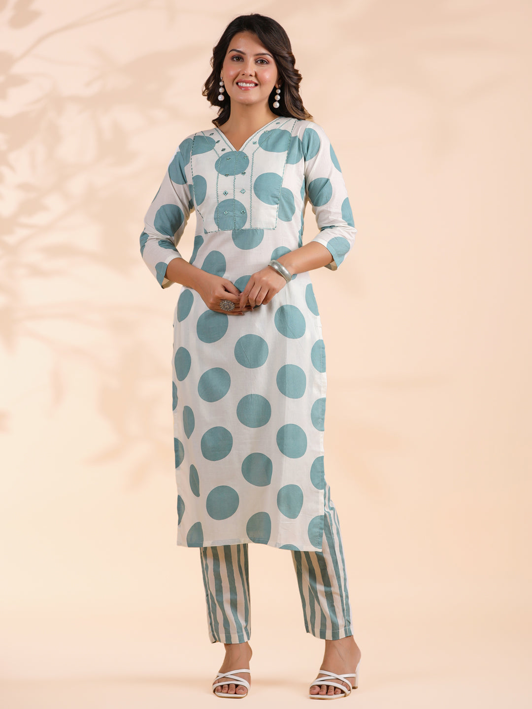 White And Aqua Polka Print & Mirror Work Straight Cotton Stitched Kurta Set