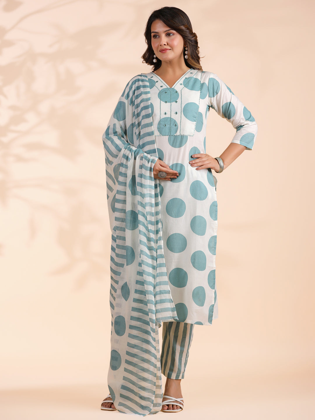 White And Aqua Polka Print & Mirror Work Straight Cotton Stitched Kurta Set