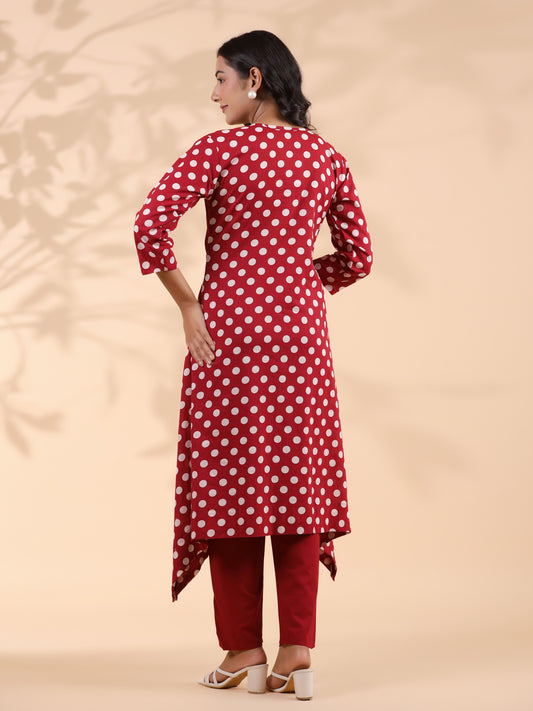 Maroon Polka Dot A-Line Cotton Kurta With Pant