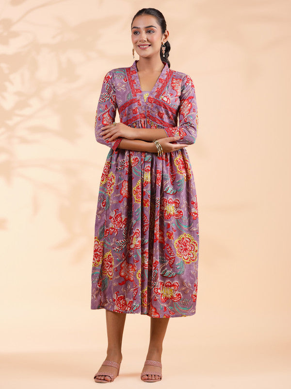 Lavender Floral Print Cotton Alia Cut Dress