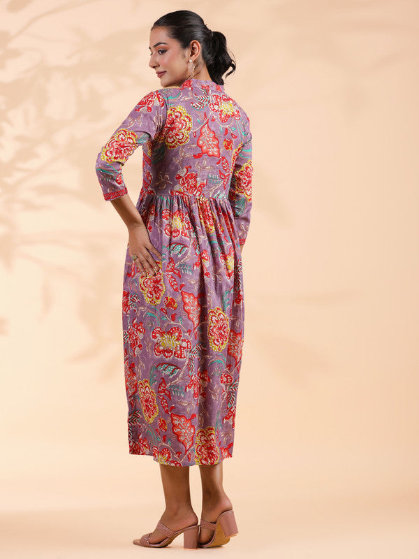 Lavender Floral Print Cotton Alia Cut Dress
