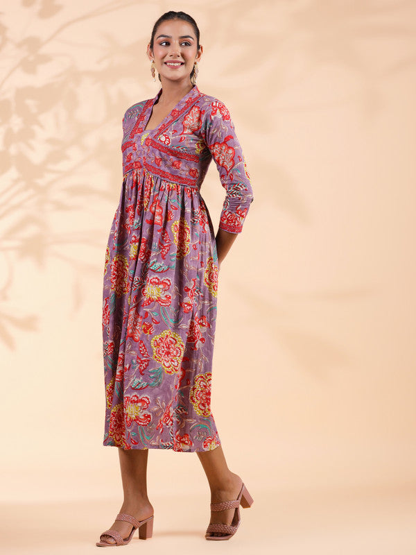 Lavender Floral Print Cotton Alia Cut Dress