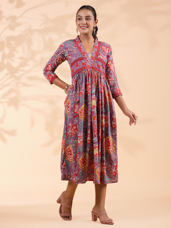 Lavender Floral Print Cotton Alia Cut Dress