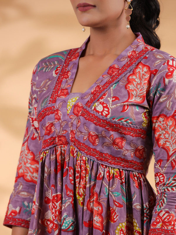 Lavender Floral Print Cotton Alia Cut Dress