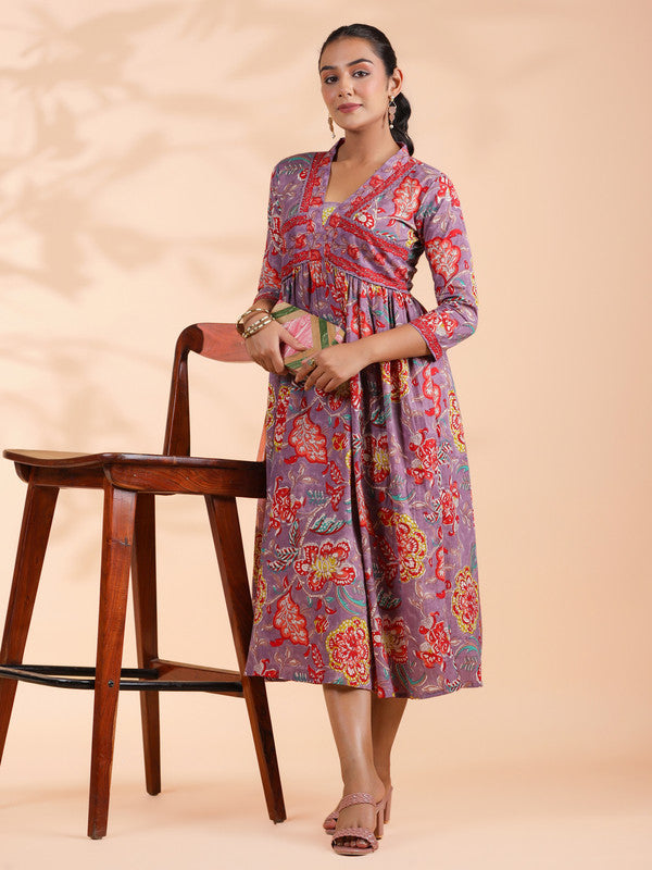 Lavender Floral Print Cotton Alia Cut Dress