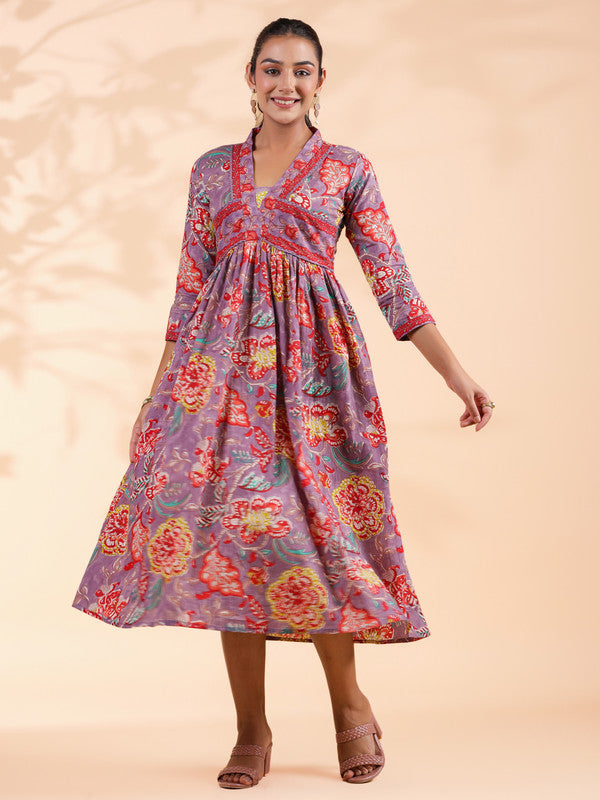 Lavender Floral Print Cotton Alia Cut Dress