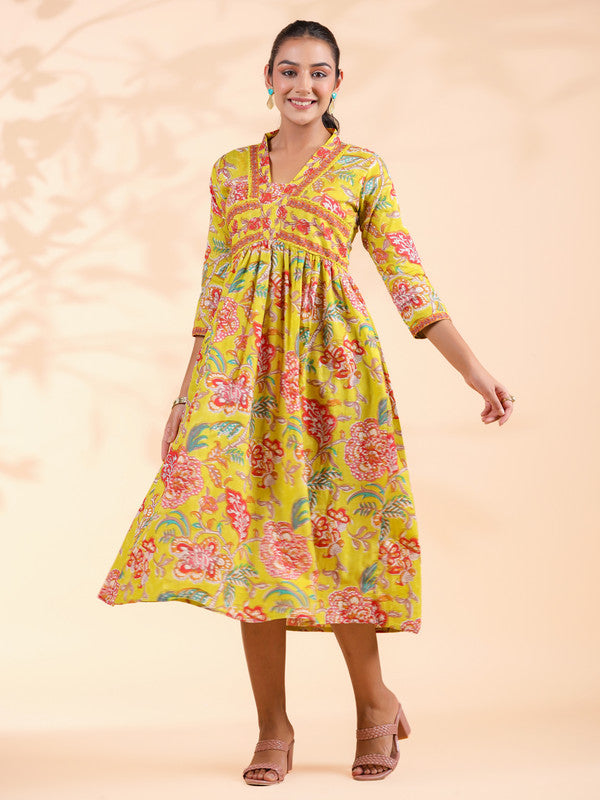 Yellow Floral Print Cotton Alia Cut Dress