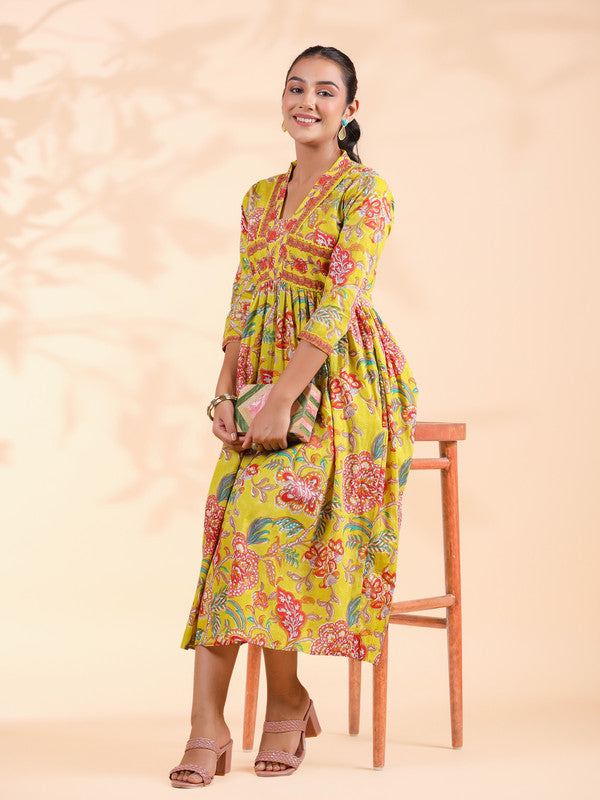 Yellow Floral Print Cotton Alia Cut Dress