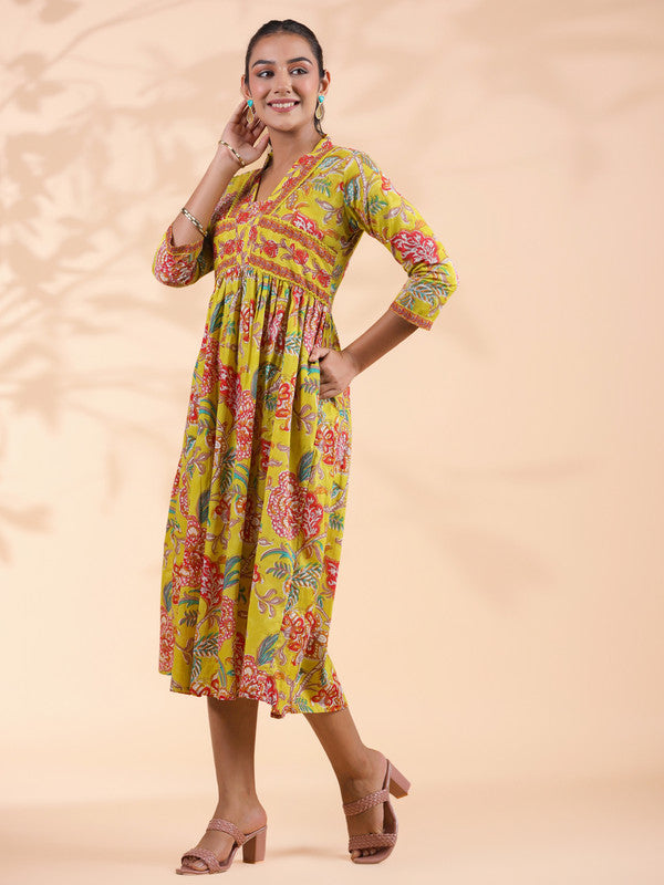 Yellow Floral Print Cotton Alia Cut Dress